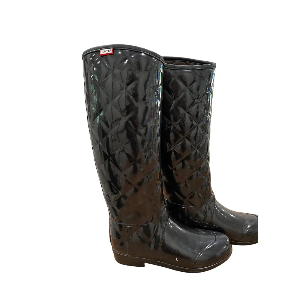 Hunter Regent Savoy Black Gloss Quilted Tall Rain Boots Women 39